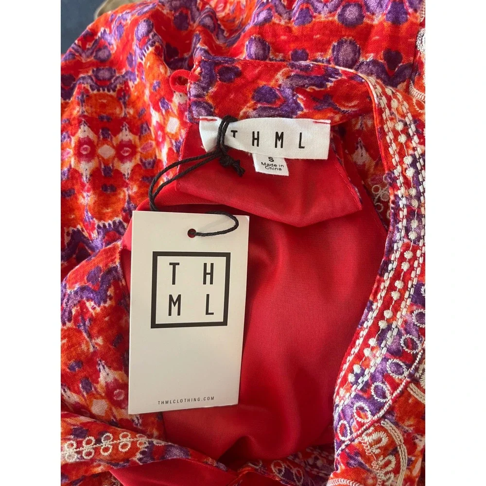 THML Orange Purple Ikat Embroidered Halter Shift Dress Small Boho NEW‎